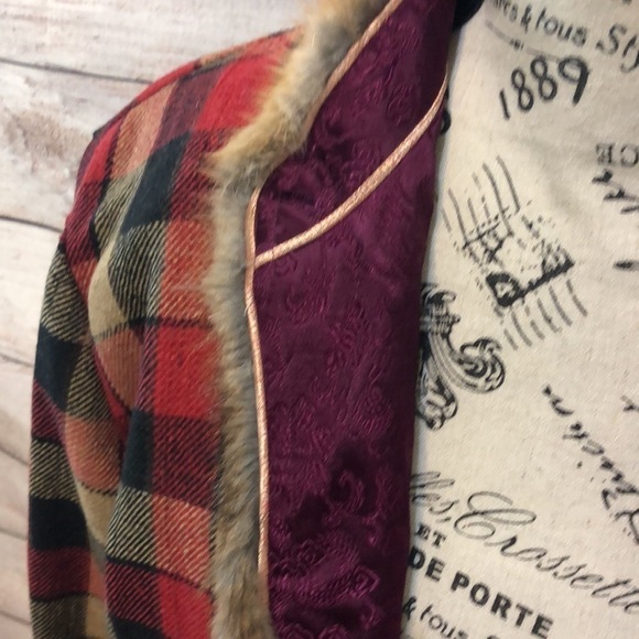 Fur Trimmed Plaid Brocade Jacket REVERSIBLE Button Down Handmade Funky Artsy - Picture 9 of 16